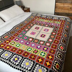 Vintage Crochet Granny Square Afghan Blanket 69 x 50" Colorful Cotton Handmade